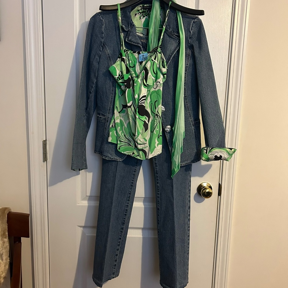 Antonio Melani 3 piece jeans suit with multi colored green top-
